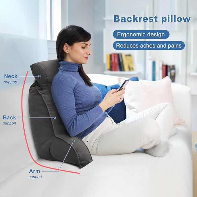 Reading Pillow for Bed Adult Size, Back Pillow for Sitting in Bed, Shredded Memory Foam Bed Chair Pillow with Arms, Pockets, Washable Cover (Beige, Large)