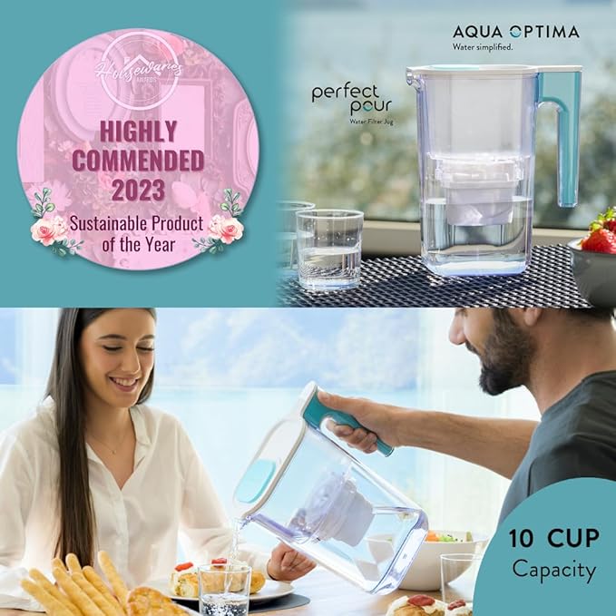 Perfect Pour Large 10 Cup Water Filter Pitcher by Aqua Optima, Reduces Microplastics, Ergonomic, Eliminates Splashes and Spills, BPA Free, NSF Certified, Includes 6 Evolve+ Water Filters, Blue