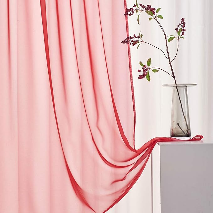 Red Sheer Voile Curtains Translucent Solid Color Window Treatment 63 Inches Long Panels Rod Pocket Red sheers for Bedroom Living Room 2 Panels 52x63