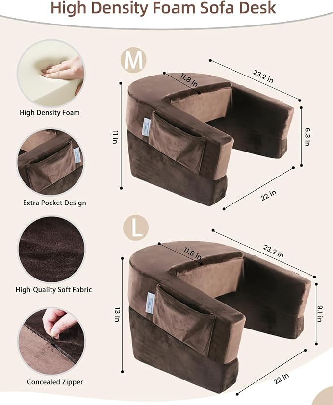 Weighted Idea Reading Pillow for Gaming, Extra Large Arm Rest Pillow for Adult,Lap Desk Pillow Gaming Pillow with 2 Side Pockets for Gaming, Reading, Working Sitting in Bed Floor Sofa (Brown)
