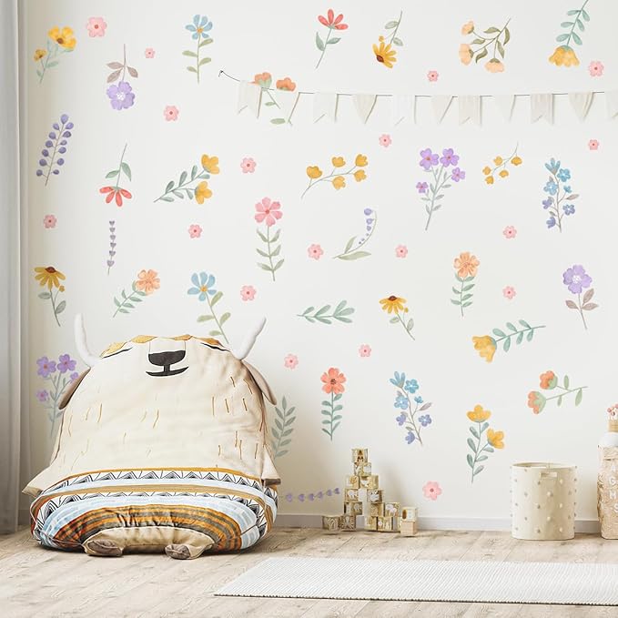 Boho Flower Wall Decals,Watercolor Flower Wall Art,Wildflower Wall Decals,Girls Bedroom Removable Wall Decals,Nursery Kids Room Decor Vinyl Murals DIY Cute Decorations (Wildflower Wall Stickers)