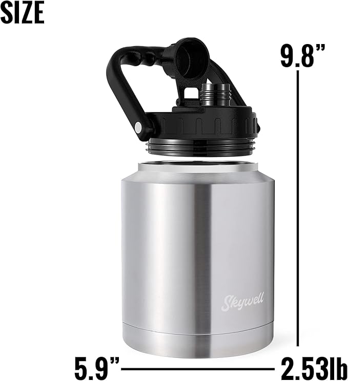 SkyWell Half Gallon Insulated Water Bottle with Handle and Wide Mouth Water Flask Sweat-Proof and Leak-Proof 64 Oz Water Jug for Outdoors, Silver