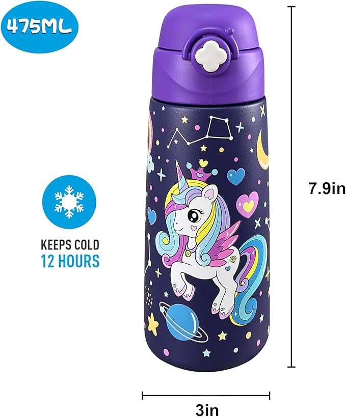 Kids Insulated Water Bottle with Covered Pop-Up Straw,16oz Kids Cups with Stainless Steel Leak Proof for School Boys Girls(Purple Unicorn)