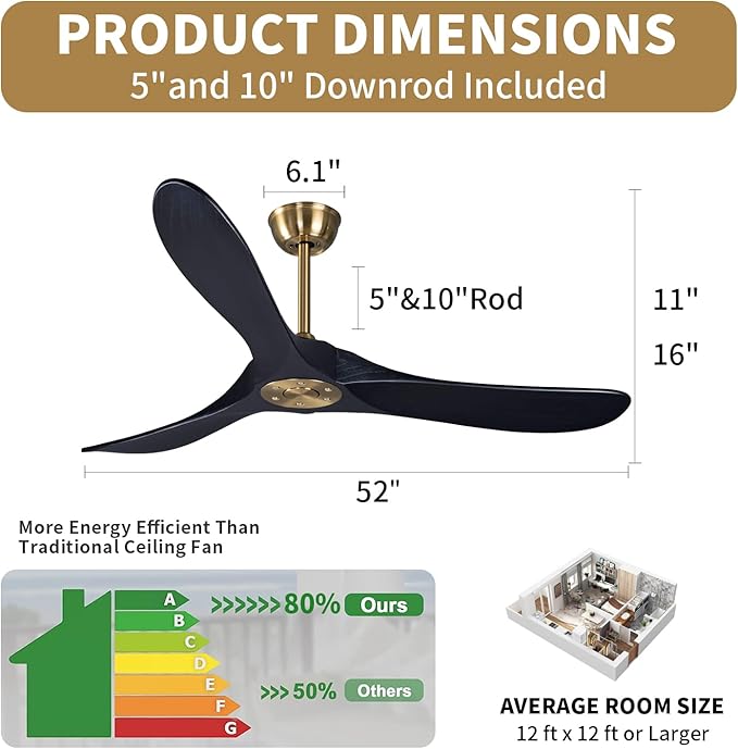 Bigzone 52" Black and Gold Ceiling Fan With Remote Control, DC Motor Quiet Energy Saving,3 Balsa Wood Blades,Outdoor/Indoor Ceiling Fan no light With Reversible Blades