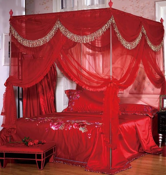 Mengersi Red Canopy Bed Curtains Bed Canopy,Four Corner Post Bed Curtains Elegant Bed Draperies Bedroom Decoration,Queen