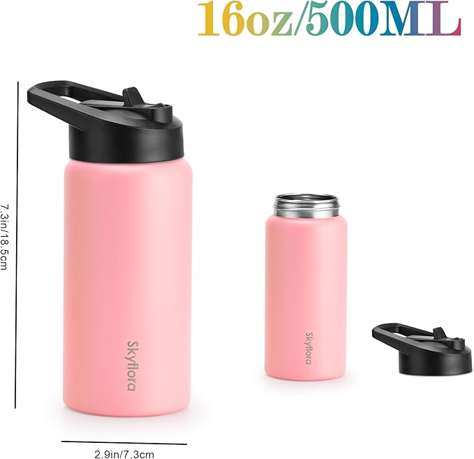 Kids Water Bottle with Straw 2 Pack, 16oz Water Bottles Bulk, Single Wall 18/8 Stainless Steel, Dishwasher Safe & Leakproof, Reusable Gift for Girls Boys to School Sports Travel Camping, Lemon & Pink