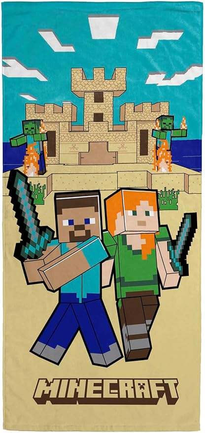 Jay Franco Minecraft Alex and Steve Kids Bath Pool Beach Towel - Super Soft & Absorbent 100% Cotton Towel for Gamers, Measures 28 x 58