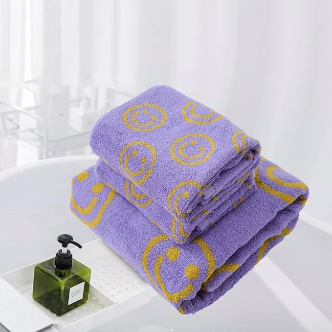 Luxury Purple Yellow Cute Smiling Face Bath Towel Sets for Bathroom, 1 Bath Towels 2 Hand Towels Washcloths, 100% Cotton Ultra Soft Highly Absorbent for Women Kids Girl Boy Face Body