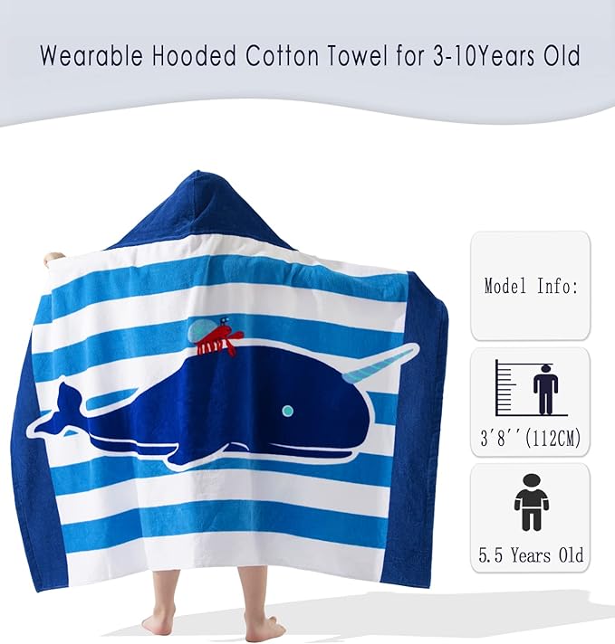 VOOVA & MOVAS Hooded Beach Towels for Kids | Soft Thick Absorbent Cotton Beach | Pool | Bath Towels for Ages 3-10, Narwhal Whale