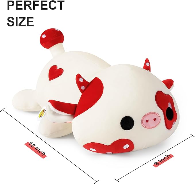 Onsoyours Cute Cow Plushie, Soft Stuffed Mushroom Cow Squishy Plush Animal Toy Pillow for Kids (Red Mushroom Cow, 12")