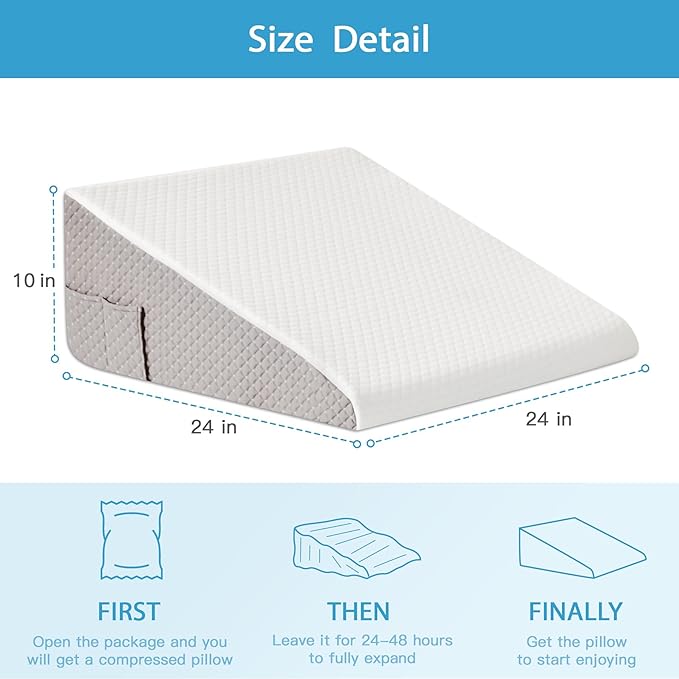 Wedge Pillow for Back Pain Relief, Bed Wedge Pillow for Sleeping, 24×24×10 Inch Memory Foam Anti Snore Pillow, Triangle Pillow Wedge for Sleeping Acid Reflux, Gerd, Elevated Pillow White/Grey