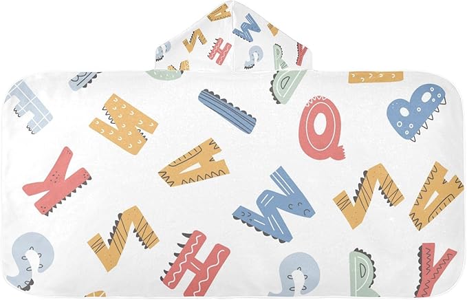 Kids Hooded Beach Towel, Cute Dinosaur Alphabet Print Beach Bath Towel with Hood for Boys Girls 50"x23.5", Soft Absorbent Quick Dry Beach Swim Pool Towel for Toddler