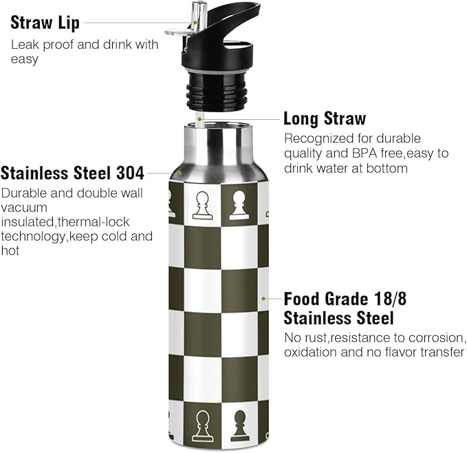 Chess Sports Water Bottle, Double Wall Vacuum Insulated Stainless Steel Water Bottle with Straw Keeps Hot and Cold, Bike Running Sports Travel Gym 20oz