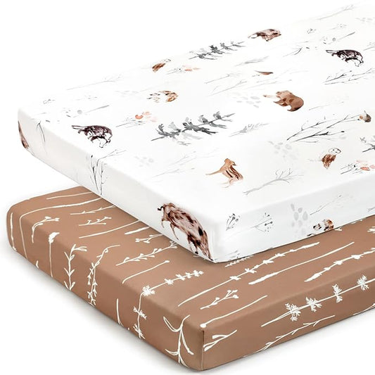 Pack n Play Sheets Fitted 2 Pack, Stretchy Ultra Soft Jersey Knit Pack and Play Sheets, Universal Fitted Portable/Mini Crib Mattresses Snug and Safe, Stylish Pattern of Jungle Animals