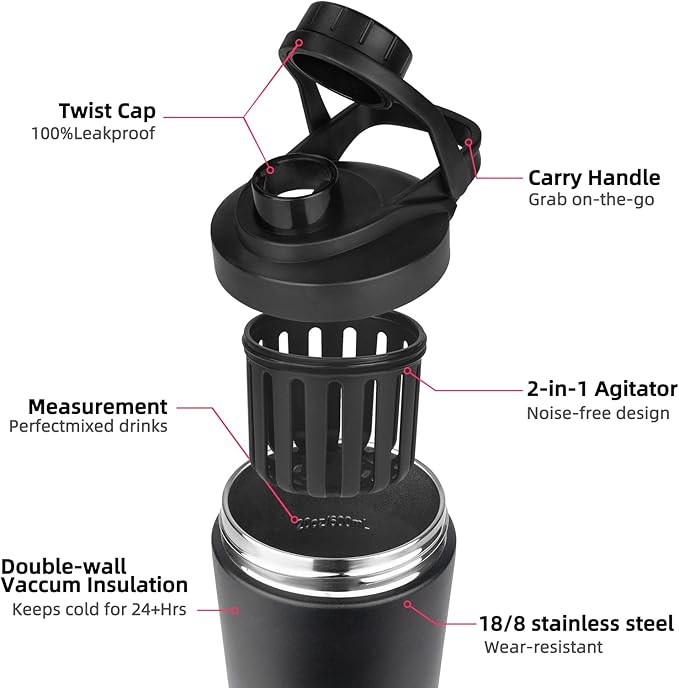 24 oz Shaker Bottle,Stainless Steel Shaker Bottle with Noise-Free Design,Insulated Metal Shakers Bottles Cup for Protein Mixes and Pre Workout,Gym Shaker Bottle (Black&Blue)
