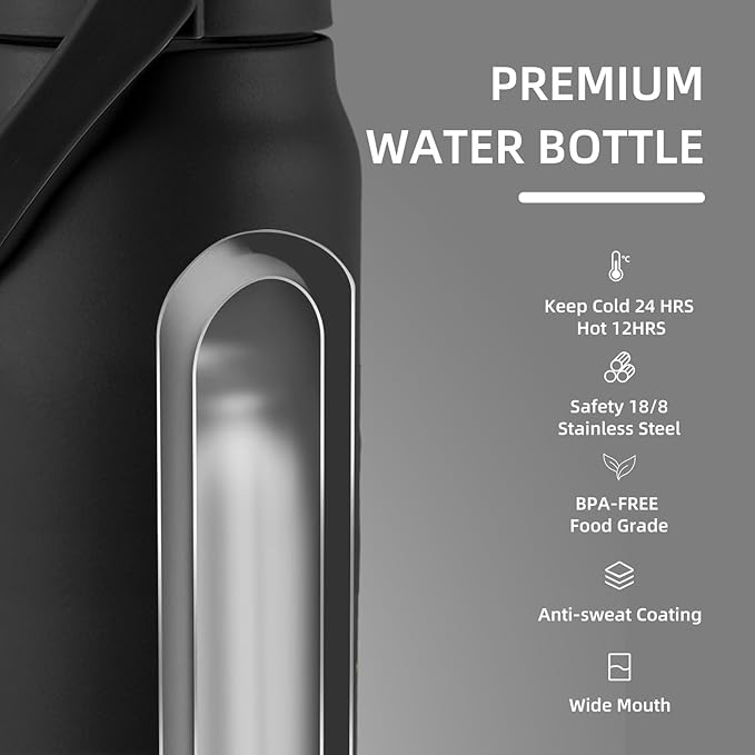 ColorSub 50oz Insulated Water Bottle With 2-in-1 Straw and Chug Leakproof Lid, BPA Free Stainless Steel Wide Mouth Sports Water Cup Flask Black