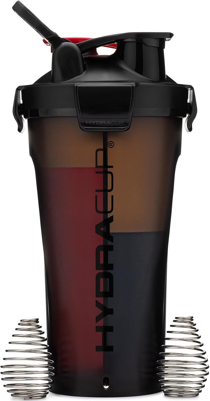 Hydra Cup DualShaker Pro 32 oz Shaker Bottle for Protein Shakes, Shaker Cup w/Handle & Ball Blender Whisks, Dual Mixing Shaker Bottle with Storage, 2 in 1, for Travel To Go, BPA Free (Black)