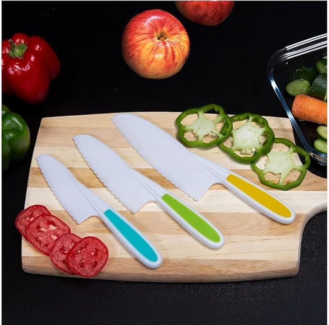 Joyo Jr. Knives for Kids 3-Piece Kitchen Cooking and Baking Knife Set: Children's Cooking Knives in 3 Sizes & Colors/Firm Grip, Serrated Edges, BPA-Free Kids' Knives (colors vary)