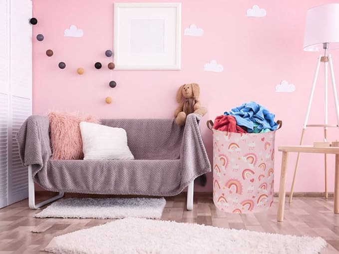Pink Hamper,Rainbow Laundry Basket Collapsible Girls Storage Baskets for Kids Room Decor,Toy Organizer,Gift Hamper(Pink hamper) …