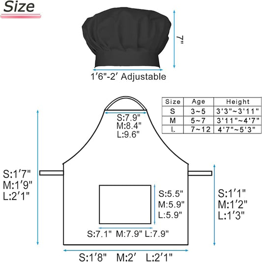 Kids Apron Chef Hat Set for Boys and Girls Adjustable Neck Strap Hook and Loop Fastener Design Waistband for Baking