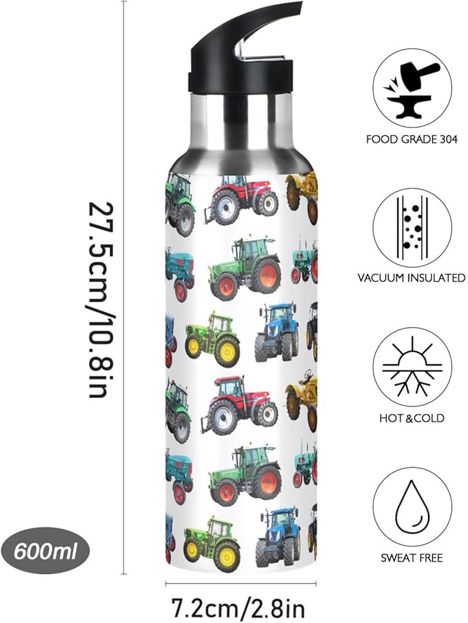 Tractor Stainless Steel Water Bottle with Straw Lid - 20 Oz Sports Insulated Water Bottle Thermos for Sport Gym Outdoor Travel School