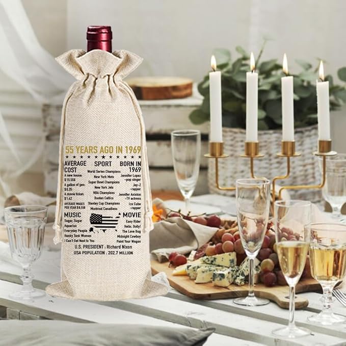 Qubereeree 55th Birthday Gifts for Women Men Funny 55 Year Ago in 1969 Birthday Party Decorations Wine Bags for Mom Dad Grandma Coworker, 55 Year Old Birthday Gifts Vintage 1969 Wine Bag-1