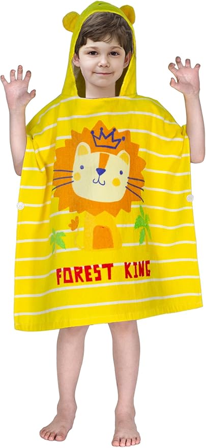 Toddler Bath Towel Hooded - Cotton Kids Beach Towel 24"x24" for Ages 1 to 5, Toddler Towels with Hood Snaps, Soft Terry Poncho Towel as Pool Swim Cover Ups for Girls Boys (Lion Yellow)