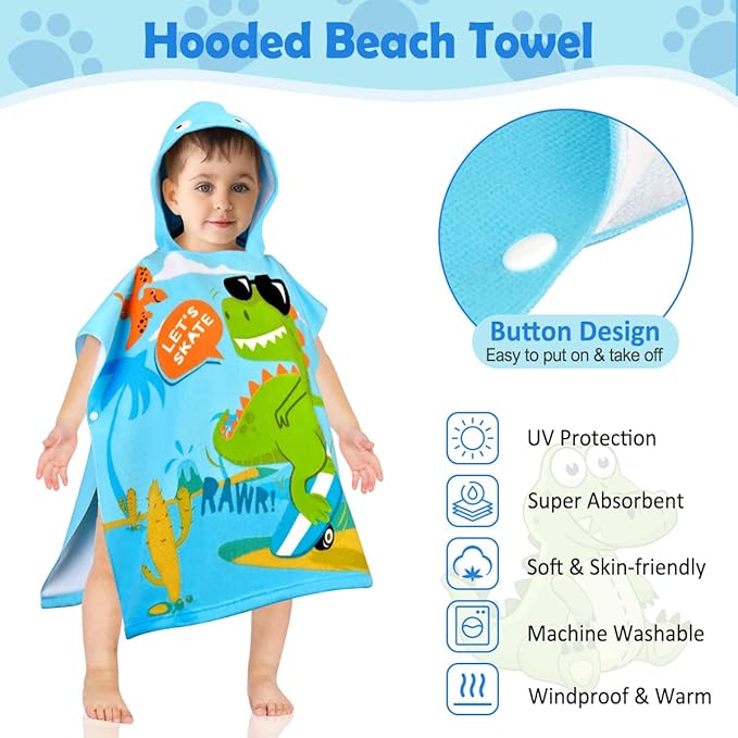 HUANLANG Kids Hooded Beach Towel for Boys Girls,Bath Pool Beach Poncho Towels Super Soft & Absorbent Cotton Towel Childrens Dinosaur Beach Towels for Toddler 0-7 Years Old