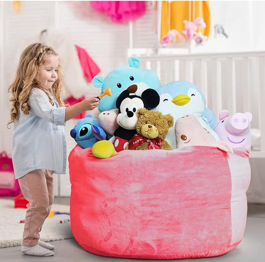 Bean Bag Chair Cover, Stuffed Animal Storage, Plush Toys Organizer Holder, Beanbag Chairs Cover for Kids Teans and Adults Super Soft and Comfortable Fabric X-Large with Handle and Zipper -Round Pink