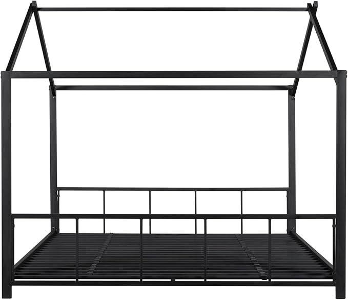 Full Size Montessori Floor Bed with Headboard and Footboard, Metal House Bed Frame with Soundproof Strip for Children, Toddlers, Boys, Girls Bedroom, Kids Playroom, No Box Spring Needed(Black)