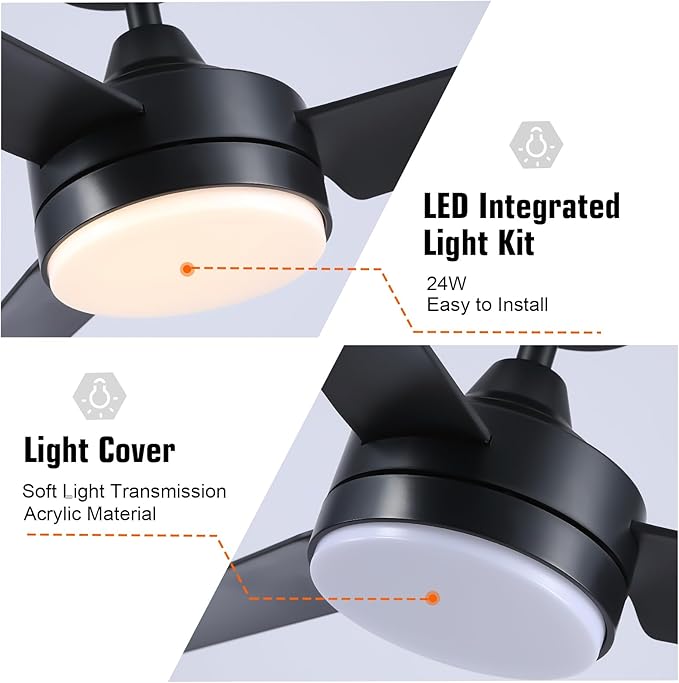 Black Ceiling Fans with Lights and Remote Control,Modern 52 Inch Ceiling Fans with Lights and 6-Speed Modes -Adjustable Dimming - DC Motor - Perfect for Living Room, Bedroom,Dining Room