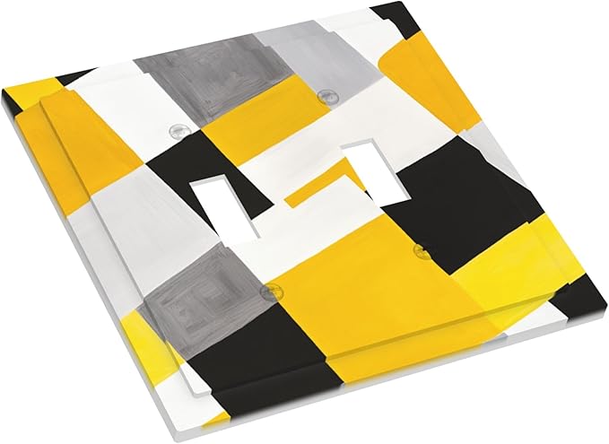 Geometric Yellow Gray Black White Double Toggle Light Switch Covers 2 Gang Wall Plate Dual Decorative Switchplate Electrical Faceplate for Bathroom Country Kitchen Bedroom Decor, 4.9" x 5"