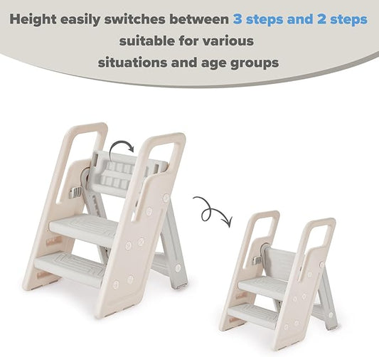 Folding Toddler Step Stool for Bathroom Sink,Adjustable 3 to 2 Step Stools for Toilet Potty Training,Sturdy Kids Step Stool for Kitchen Counter with Handle,Dark Grey