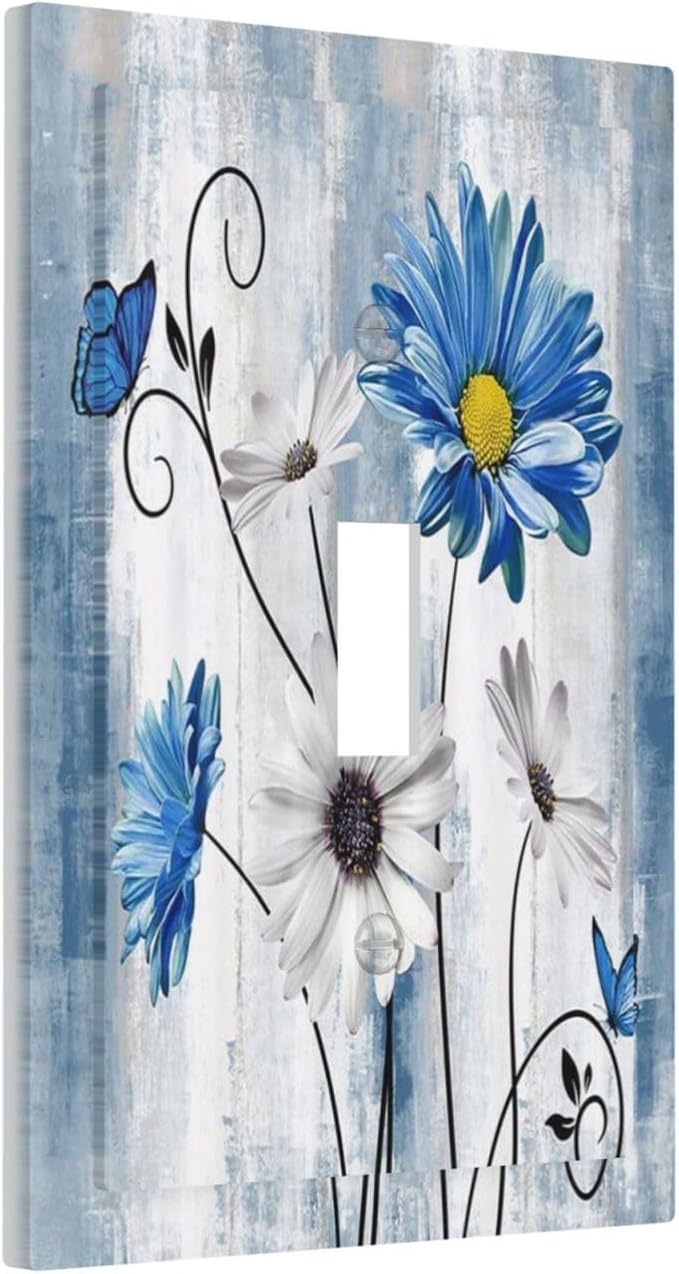 Rustic Teal Blue Daisy Floral 1 Gang Light Switch Covers Single Toggle Wall Plate Decorative Switchcover Electrical Switchplate for Country Bathroom Bedroom Kitchen Decor