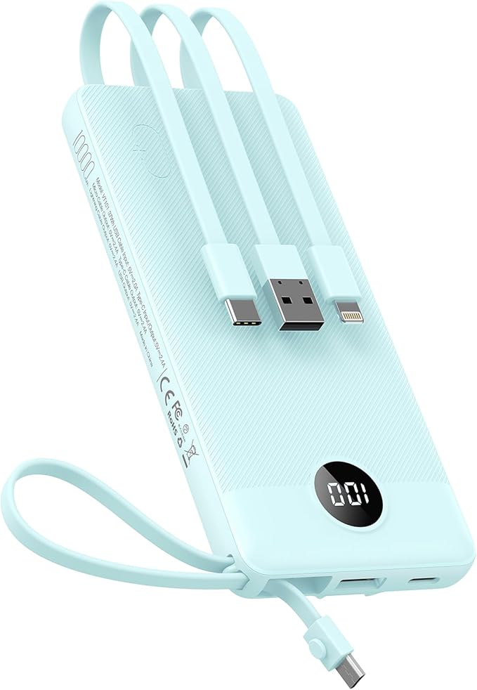 VEEKTOMX Portable Charger with Built-in Cables - 10000mAh Power Bank for iPhone - Slim Fast Charge USB C Battery Pack - Small Travel Essentials Powerbank, Compatible with iPhone, Samsung, Android, etc