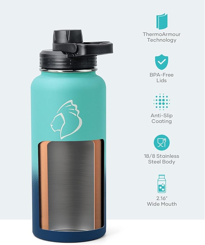 BUZIO Water Bottle with Straw lid, Spout Lid, Hand Lid and Carrying Pouch, 32oz 40oz 64oz Stainless Steel Water Flask Jug, Cold for 48 Hrs Hot for 24 Hrs Double Vacuum Thermo Canteen Mug, BPA-Free