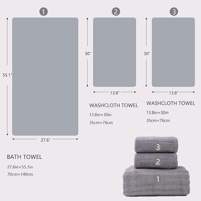 Luxury Ultra Soft Light Grey Bath Towel Sets for Bathroom Hotel, 1 Bath Towels 2 Hand Towels Washcloths 100% Long-staple Cotton Fluffy Highly Absorbent Thick Towel for Women Kids Elderly Face Body