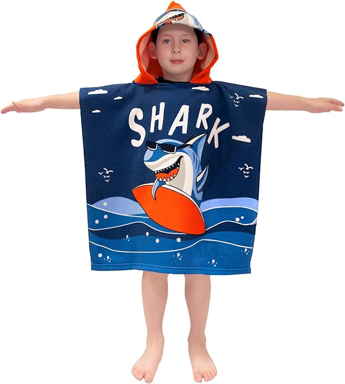 Hooded Kids Beach Towels - Toddler Bath Towel Girls Boys Swim Cover-ups for Ages 1 to 6 Kids Pool Towels Quick Dry Lightweight Soft Microfiber Poncho Towel 24x23 (Shark Surfing)