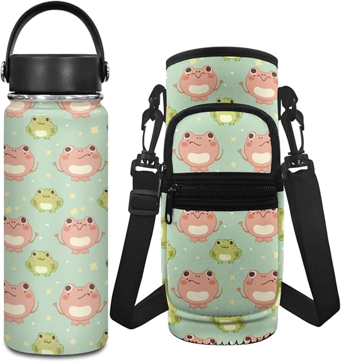 Frog 20 OZ Water Bottles for Kids Stainless Steel Water Bottle for Girls 6-8 Insulated Water Bottle Carrier Sling Bag 2Pcs Vacuum Bottle