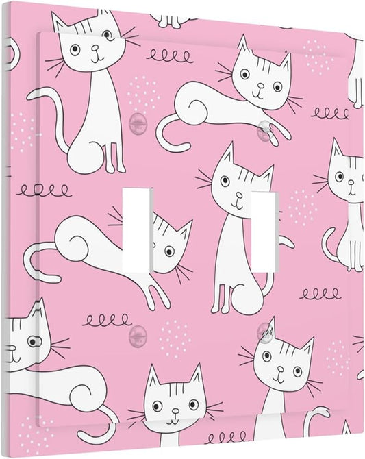 Cartoon Cute Cat Double Toggle Light Switch Covers 2 Gang Wall Plate Dual Decorative Switchplate Electrical Faceplate for Bathroom Country Kitchen Bedroom Decor, 4.9" x 5"