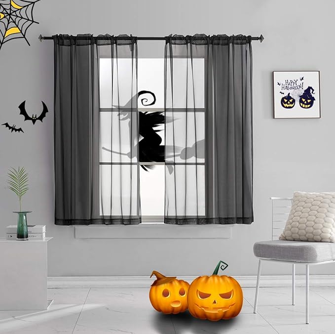 Halloween Decorations Black Sheer Curtains 45 Inches long Short Window Treatment Panels Rod Pocket Black Sheer Curtain 45 Inch Length for Bedroom Living Room kitchen 2 Panels 52x45