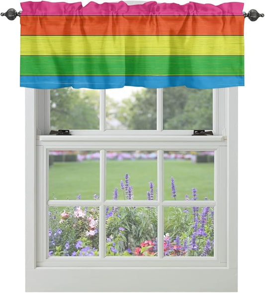 Vandarllin Farmhouse Kitchen Curtains Valances for Windows,Rainbow Retro Rustic Barn Wood Texture Rod Pocket Country Window Treatment for Kitchen/Living Room/Bedroom/Bathroom,60" X 18" -1 Panel