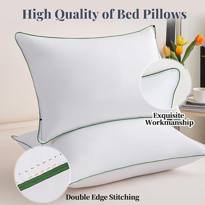 Hotel-Quality Bedding Bed Pillows for Sleeping - Queen Size Set of 2, 100% Breathable Cotton Cover Soft Supportive Fluffy Pillows 2 Pack Full size20*28(Green)