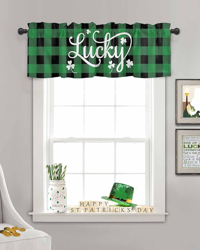 St. Patrick's Day Buffalo Plaid Kitchen Curtains Valances for Windows Lucky Shamrocks Clover Rod Pocket Window Treatment for Kitchen /Living Room/Bedroom/ Bathroom, 54" X 18", Rustic Green Black