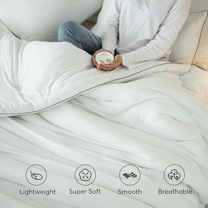 KASENTEX Super-Duper Ultra Soft Lightweight Jersey Knit King Comforter Set, Smooth White Comforter Bed Sets, 3 Piece Solid Breathable Bedding, Light Summer King Size - 2 Pillow Cases, 102x90in
