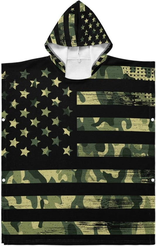 senya Kids Beach Towel, American Flag with Camouflage Grunge Hooded Bath Pool Beach Towel Wrap Cover-ups Beach Poncho for Boys Girls