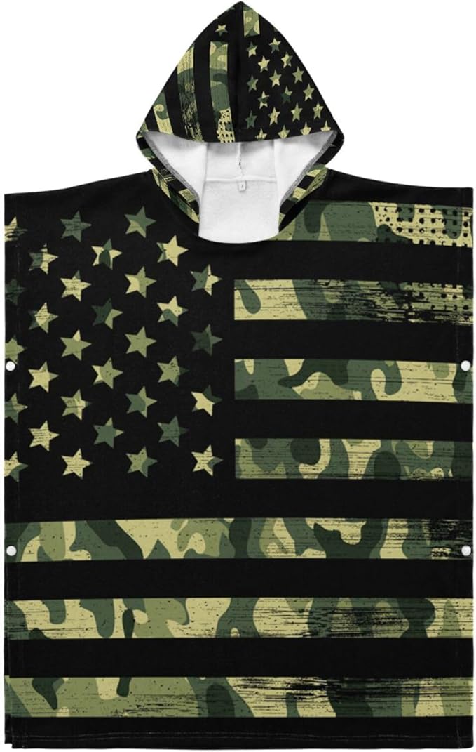 senya Kids Beach Towel, American Flag with Camouflage Grunge Hooded Bath Pool Beach Towel Wrap Cover-ups Beach Poncho for Boys Girls