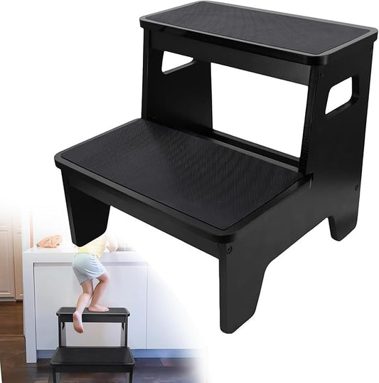 Bamboo Two Step Stools for Adults, Portable Step Stool for Pregnant and Adults with Non-Slip Mat, Foldable Step Stool for Kitchen, Toilet, Bathroom, Bedroom, Camping