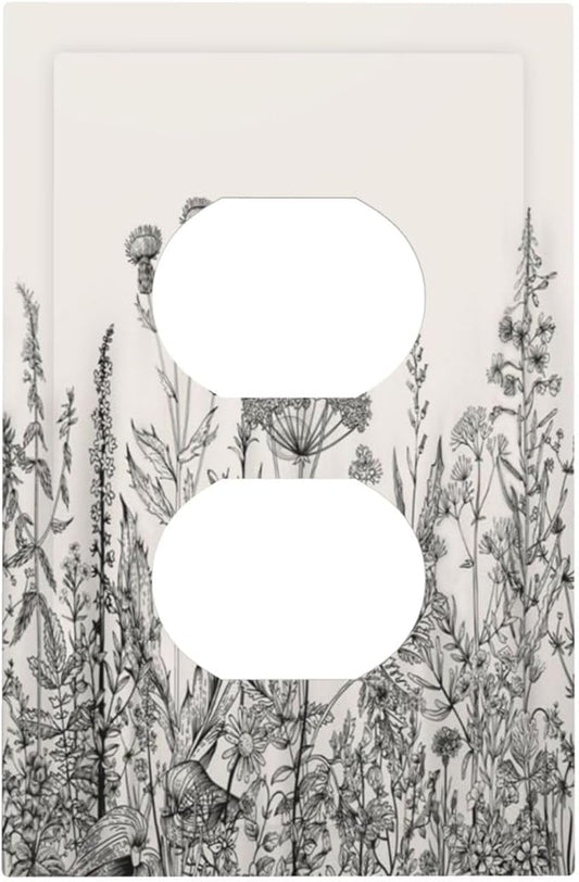 Vintage Grey Floral Herbs Wild Flowers Botanical Single Duplex Wall Plate Covers Boho Light Switch Cover 1 Gang Outlet Plate Decorative Country Electrical Receptacle Art Faceplate Switchplate