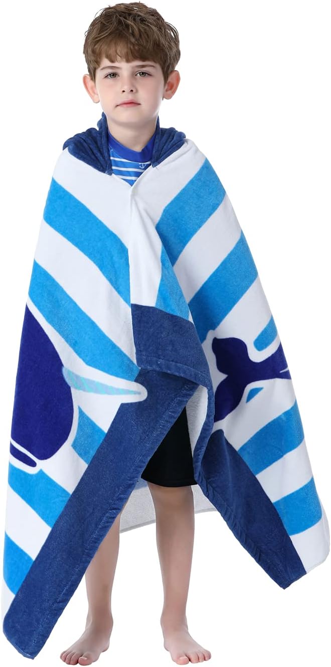 Kids Bath/Beach Towel Oversized 30" x 50" for 3 to 12 Years Boys Girls Swim Pool Cover-ups Super Soft and Absorbent Premium Cotton, Narwhal with Drawstring Bag